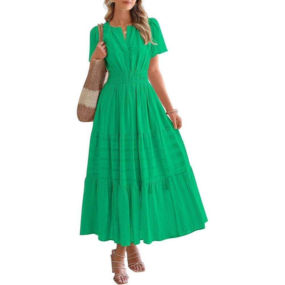 Women's Bright Green V Neck Short Sleeve A Line Summer Casual Maxi Dress Pockets